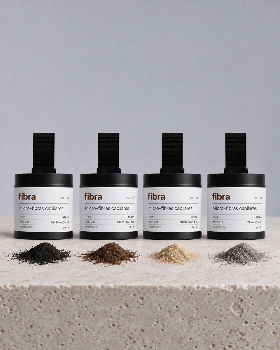 Los 4 frascos de fibra, micro-fibras capilares en los tonos negro, castaño, rubio y gris